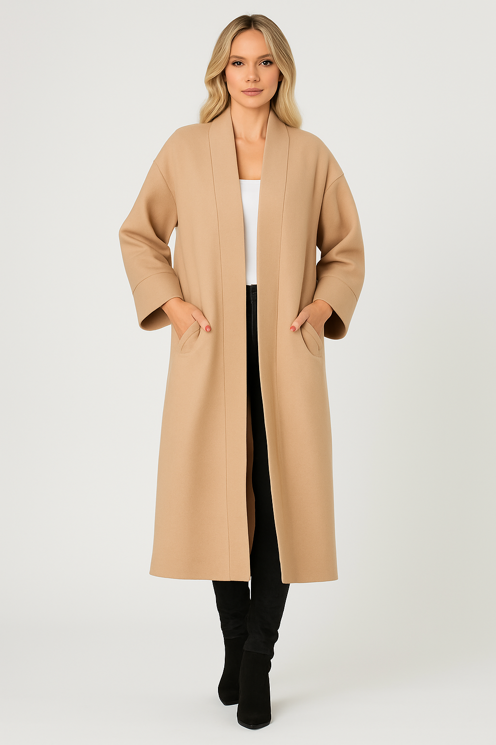 Woman wearing a beige Charlie Long Coat with deep side pockets over a white top and black pants