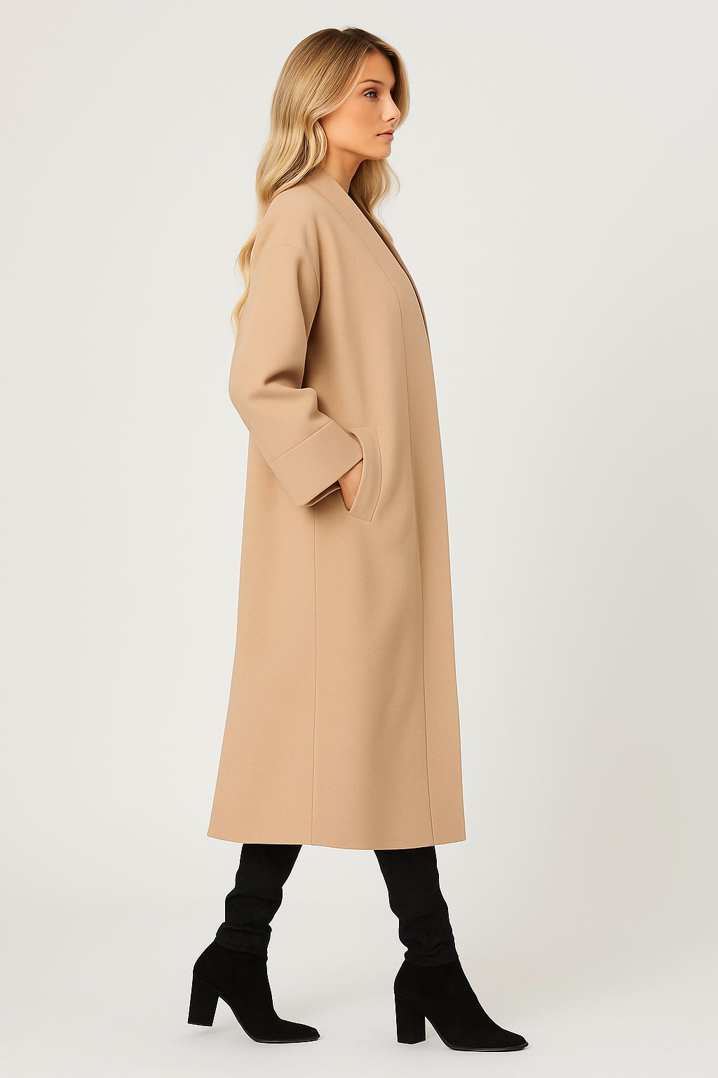 Woman wearing beige Charlie Long Coat with deep side pockets and black heeled boots against a plain background