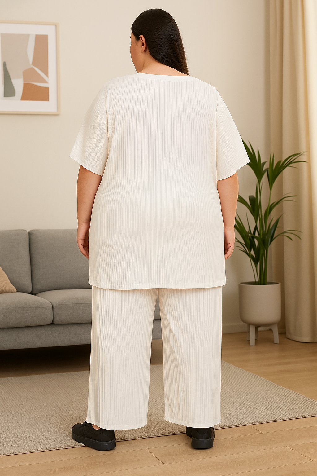 Plus Size Women’s White Ribbed Loungewear Set Comfortable Two Piece Outfit