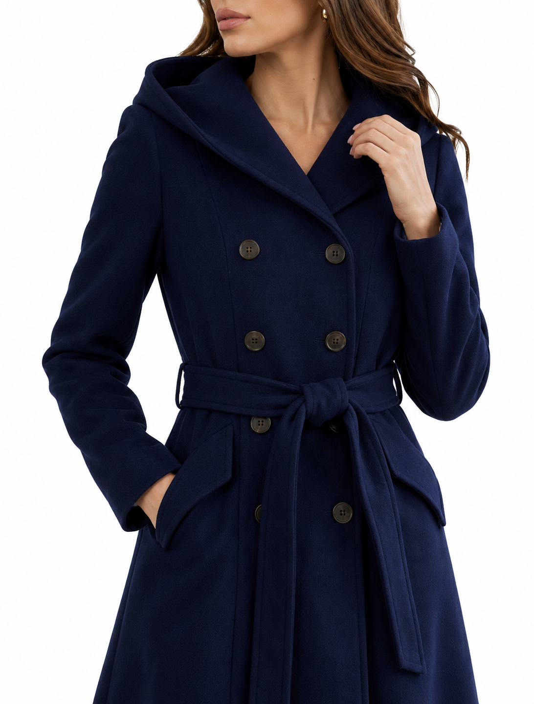 Midnight Navy Vintage Wool Coat – Hooded Double-Breasted A-Line Dress Coat