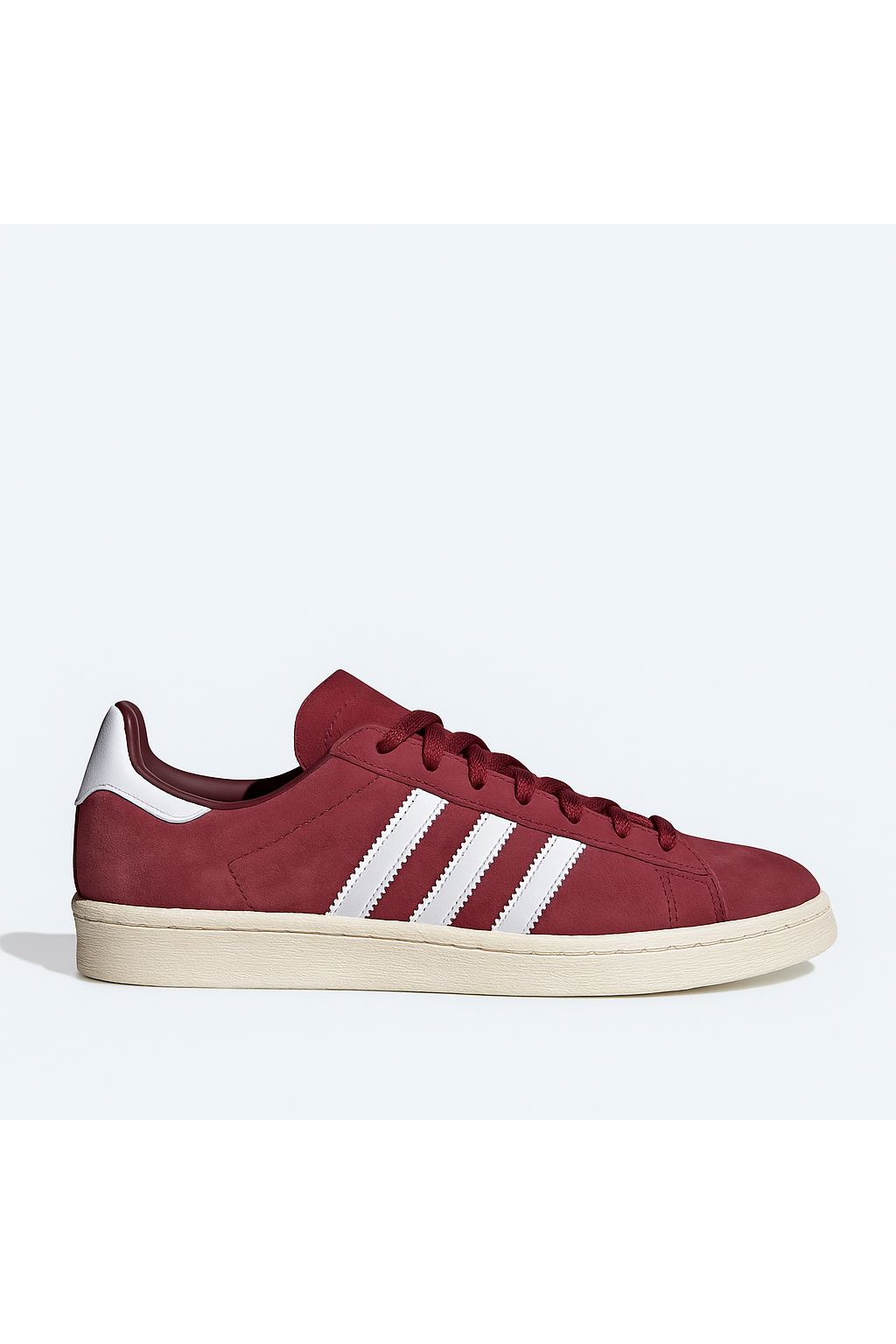 Side view of maroon Adidas Campus 80s shoes with white 3-Stripes, rubber outsole, and nubuck upper