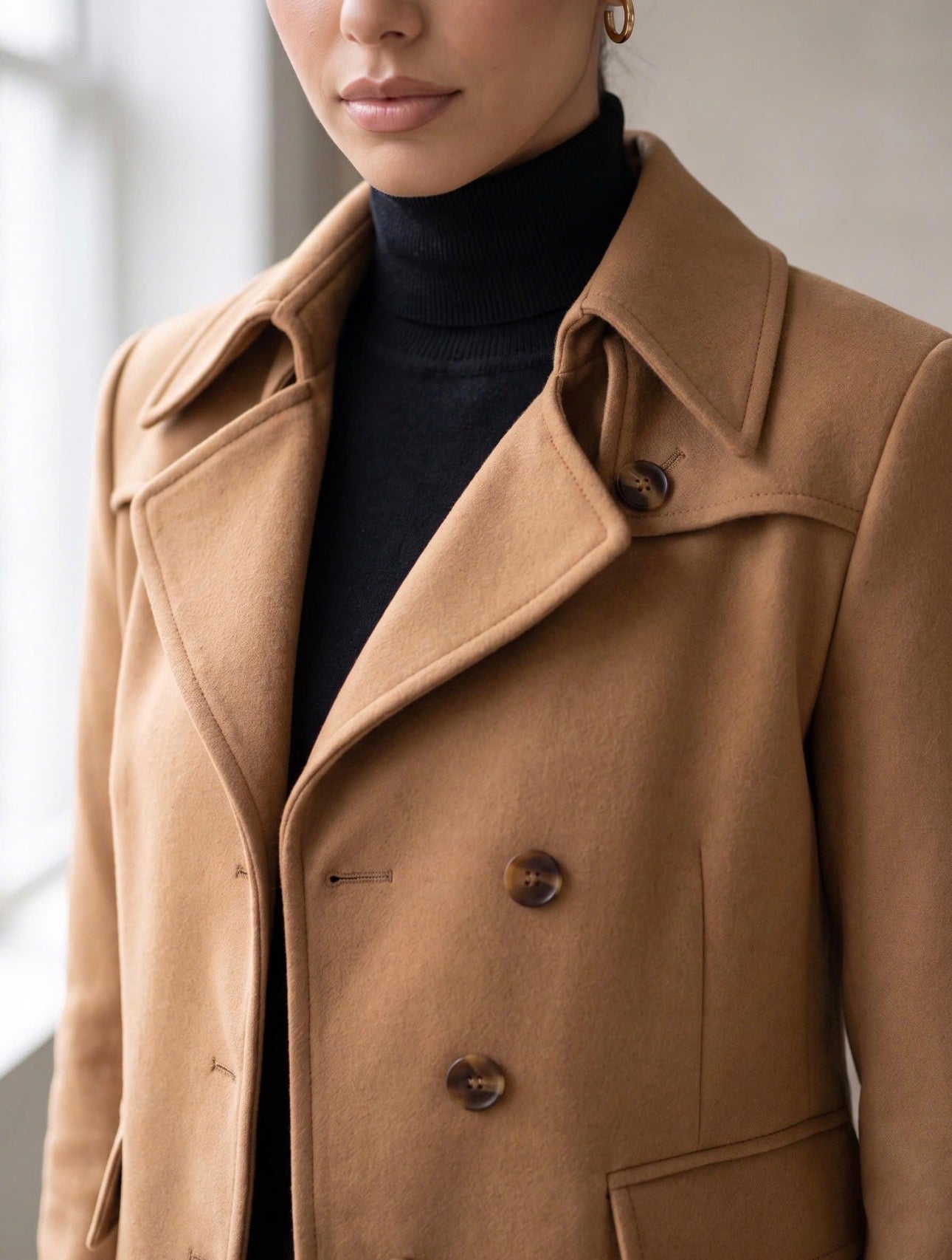 Camel Double-Breasted Wool Blazer | Women's Tailored Short Jacket