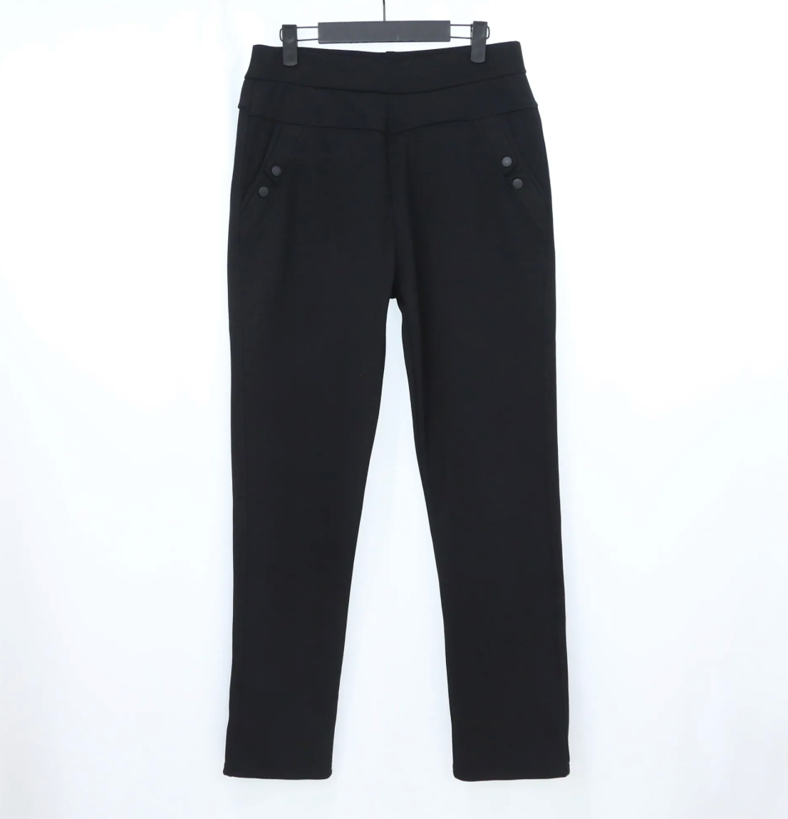 Black Flo Fleece Lined Leggings with high-waisted design and pocket buttons for warm, cozy winter wear