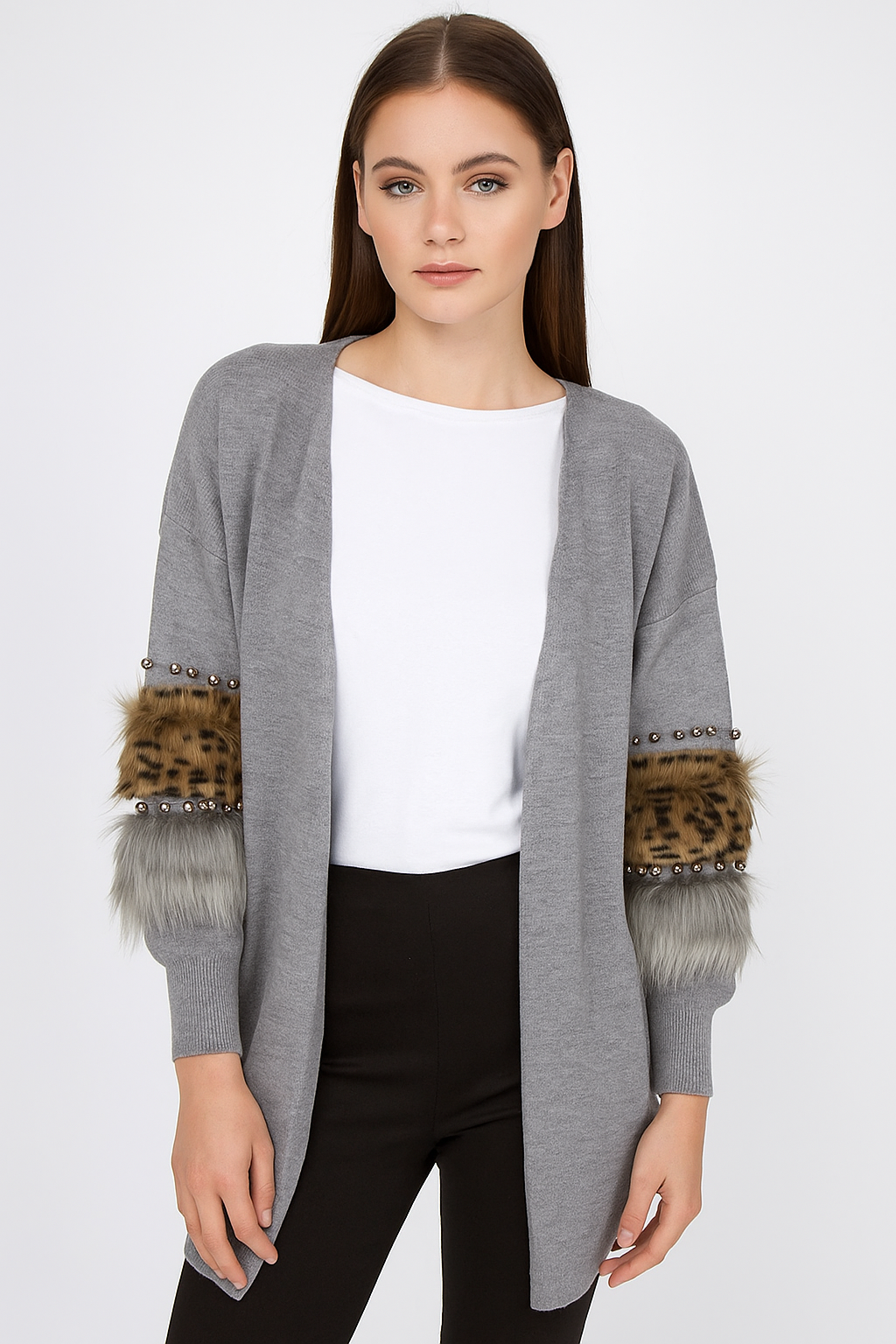 Faux Leopard Print Fur Embellished Cardigan