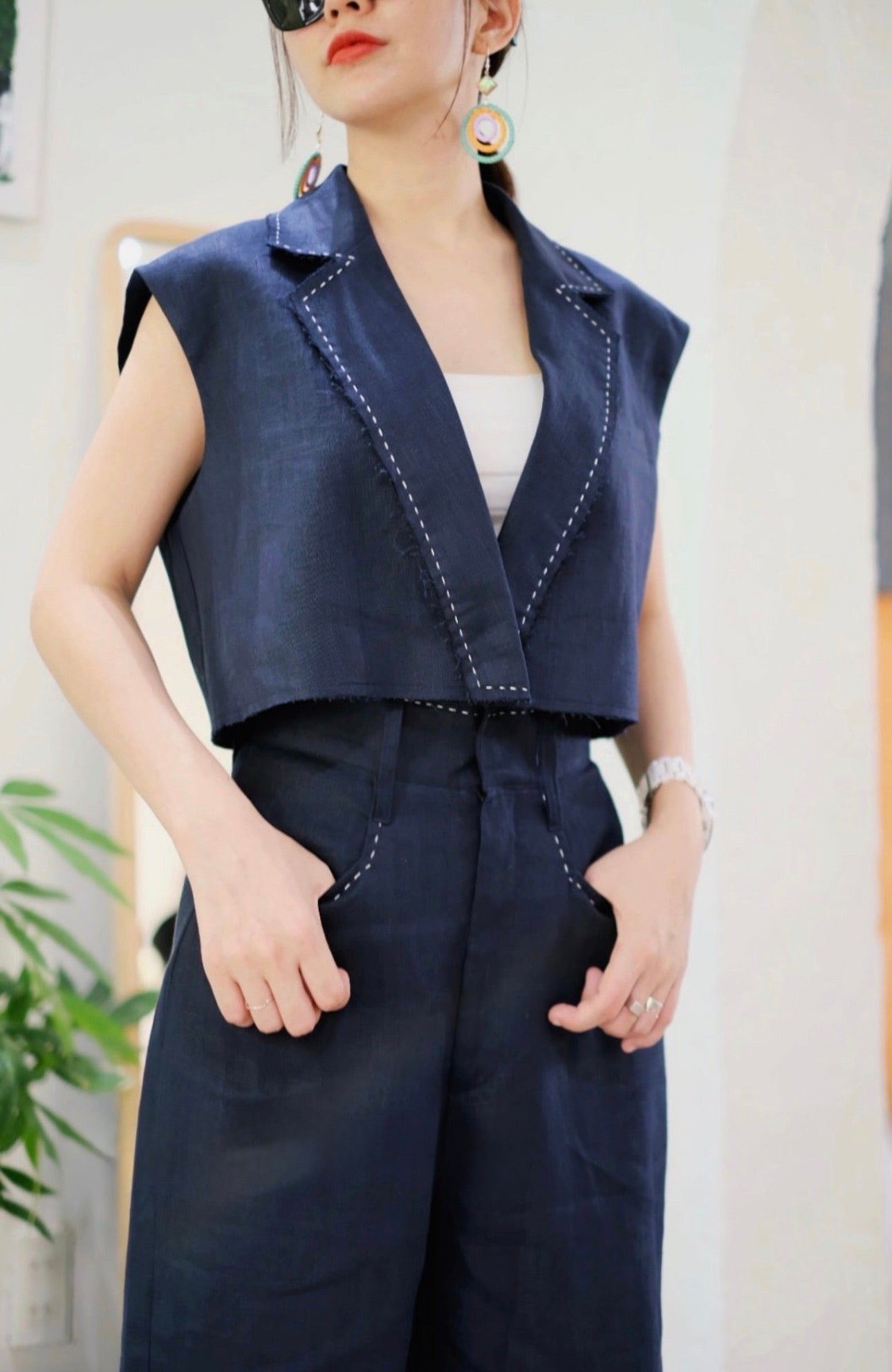 Navy Linen Co-ord Set – Cropped Blazer Vest & Wide-Leg Trousers