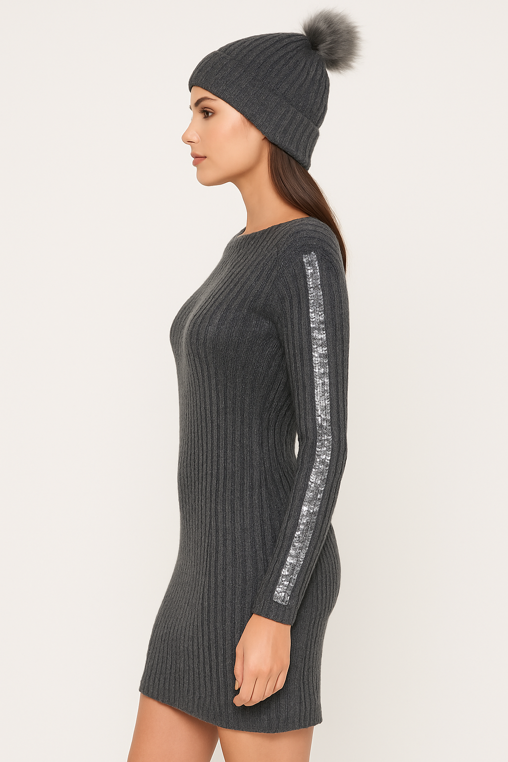 Women’s Ribbed Knit Sweater Dress with Sequin Sleeve Detail & Matching Pom-Pom Beanie Charcoal Grey