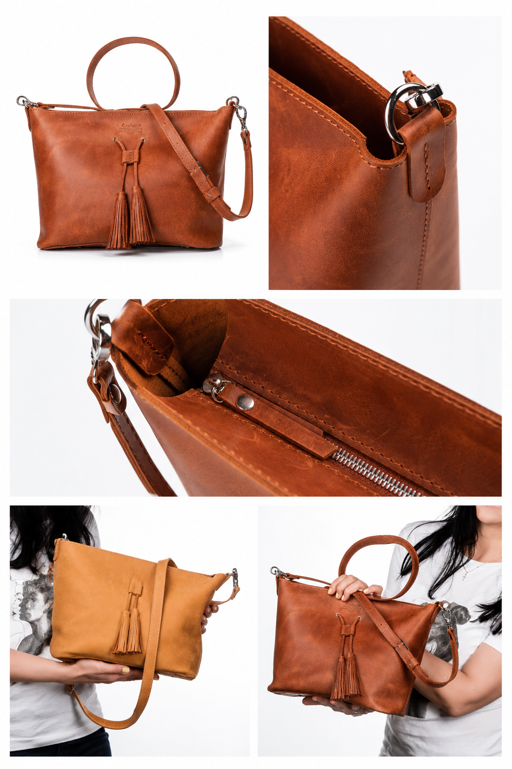 Handmade Full Grain Leather Crossbody Tote Bag | Tassel & Ring Handle | 10 Colours