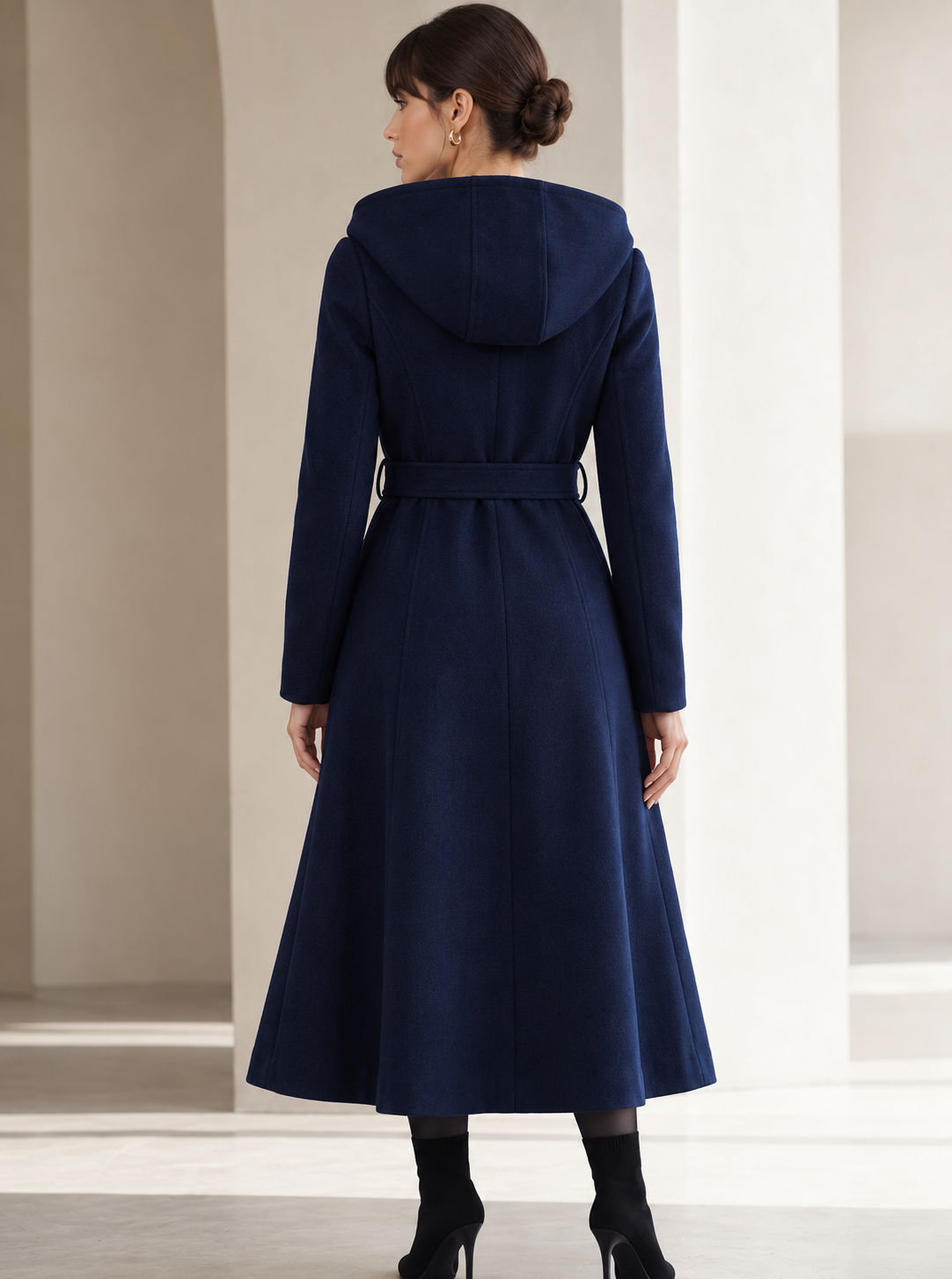 Midnight Navy Vintage Wool Coat – Hooded Double-Breasted A-Line Dress Coat