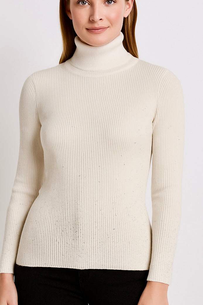 Carol Women’s Stud detailed cream roll neck jumper with ribbed texture and stud embellishments on sleeves and lower half, UK sizes 8-14.