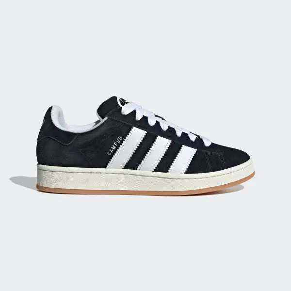 Black Adidas Campus Shoes with white 3-Stripes, suede upper, and gum sole, inspired by 2000s skate style