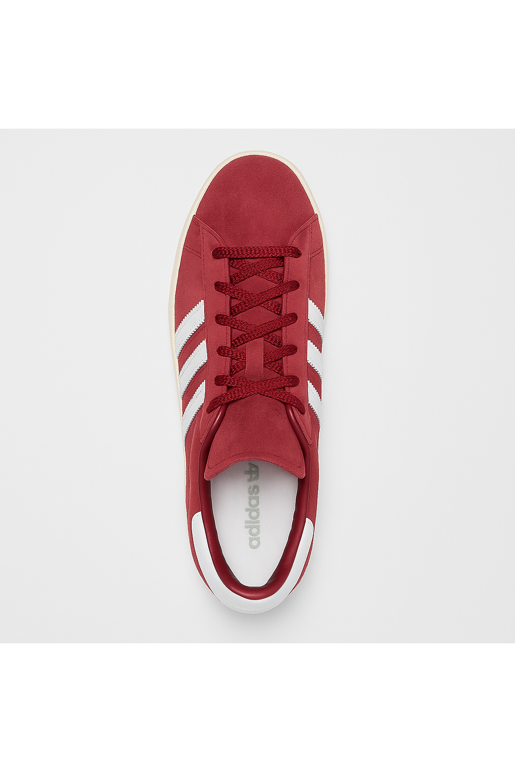 Top view of red Adidas Campus 80s shoes with white 3-Stripes and lace closure