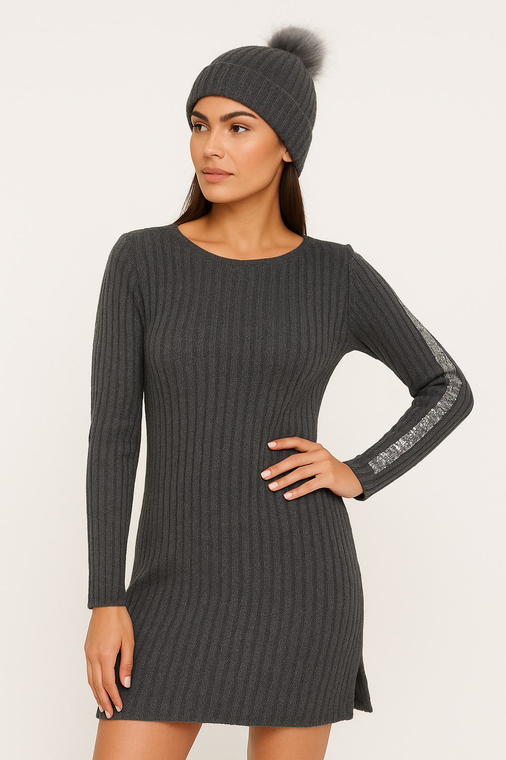 Women’s Ribbed Knit Sweater Dress with Sequin Sleeve Detail & Matching Pom-Pom Beanie Charcoal Grey