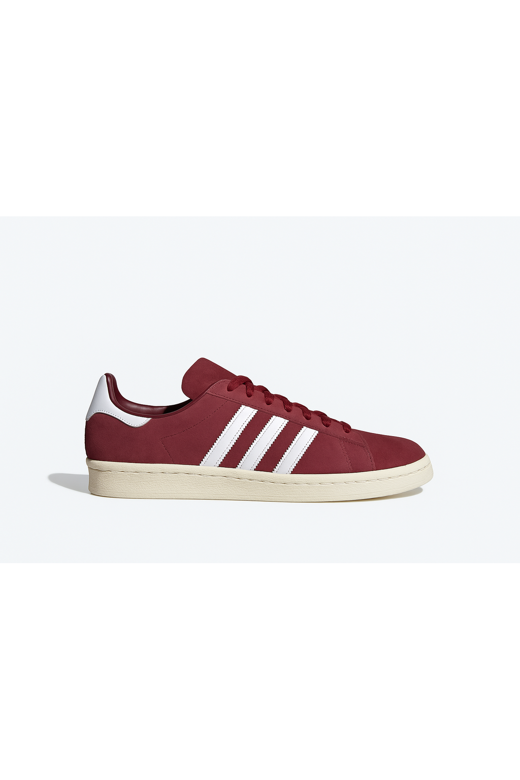 Adidas Campus 80s shoes in maroon with white 3-Stripes, nubuck upper, leather lining, and rubber outsole, retro style sneaker