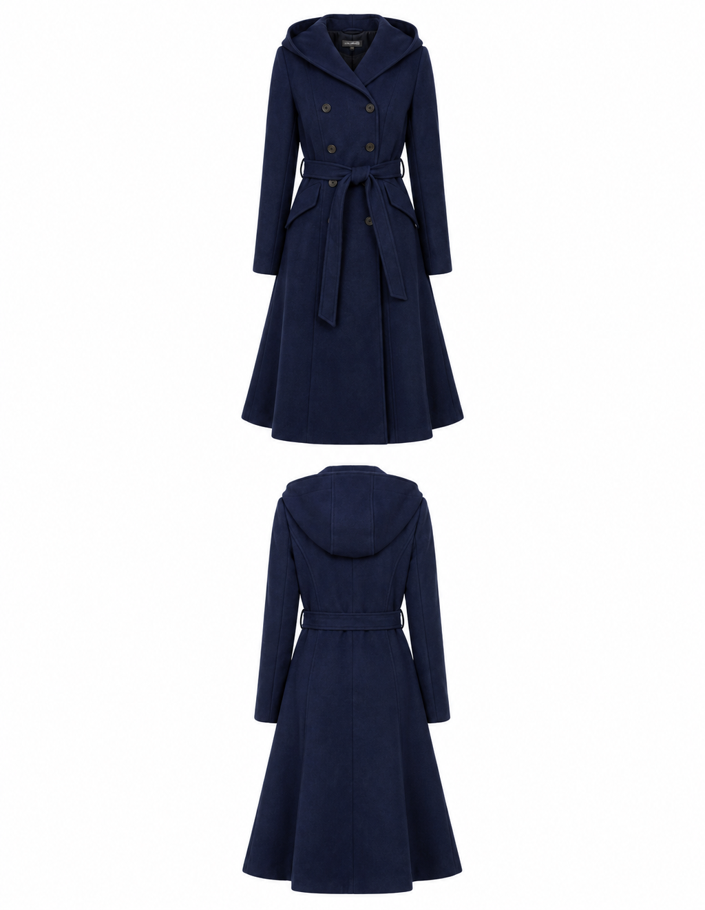 Midnight Navy Vintage Wool Coat – Hooded Double-Breasted A-Line Dress Coat