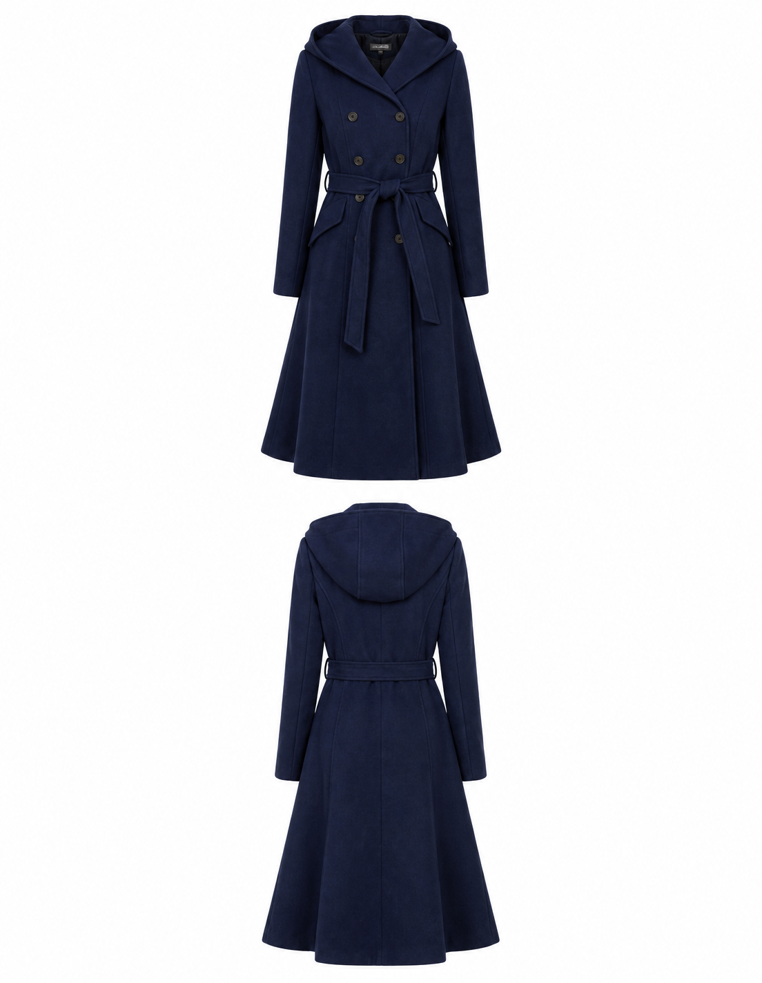 Midnight Navy Vintage Wool Coat – Hooded Double-Breasted A-Line Dress Coat