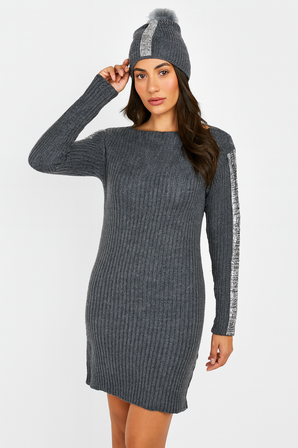 Women’s Ribbed Knit Sweater Dress with Sequin Sleeve Detail & Matching Pom-Pom Beanie Charcoal Grey