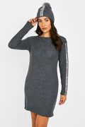 Women’s Ribbed Knit Sweater Dress with Sequin Sleeve Detail & Matching Pom-Pom Beanie Charcoal Grey