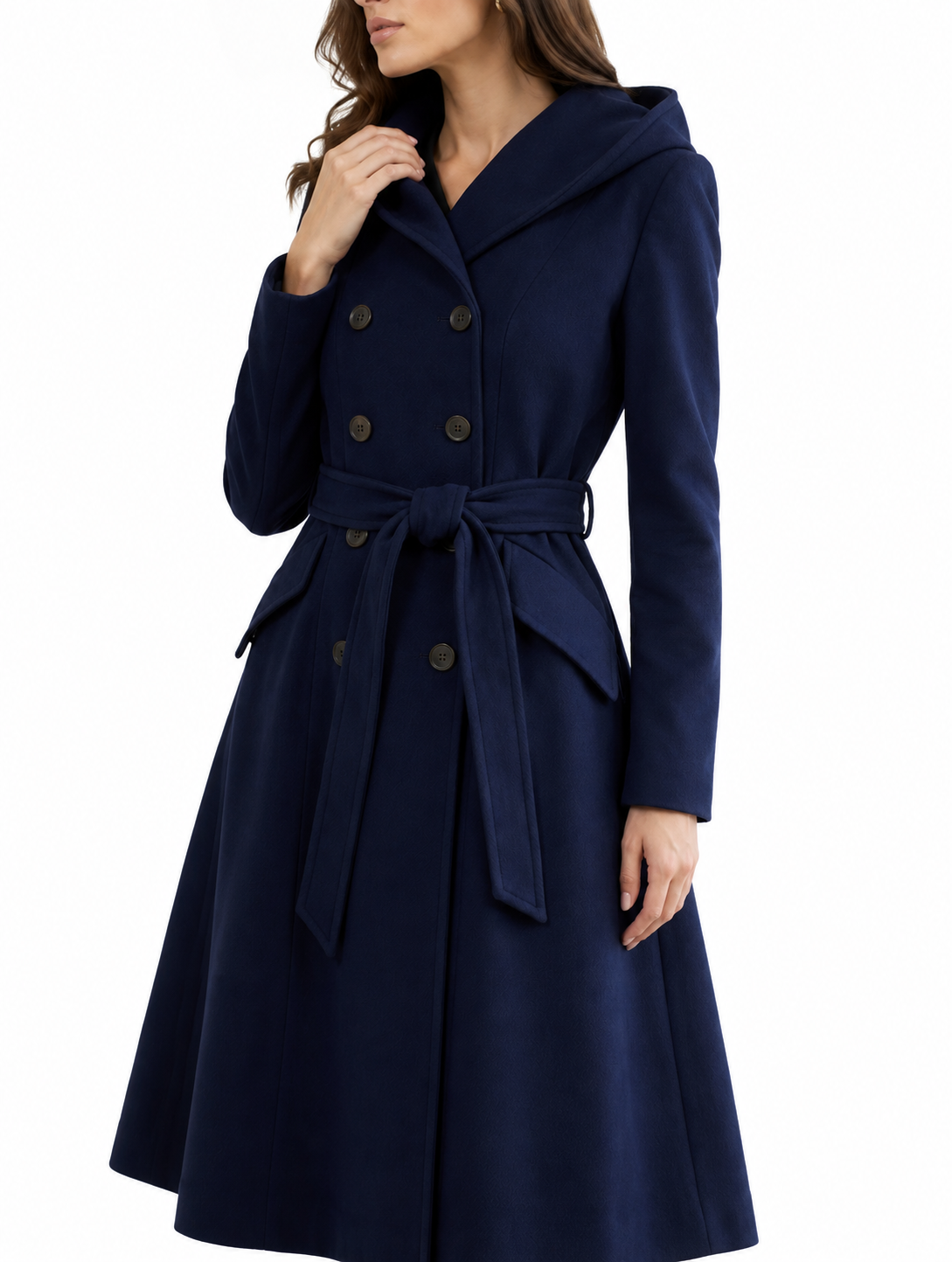 Midnight Navy Vintage Wool Coat – Hooded Double-Breasted A-Line Dress Coat