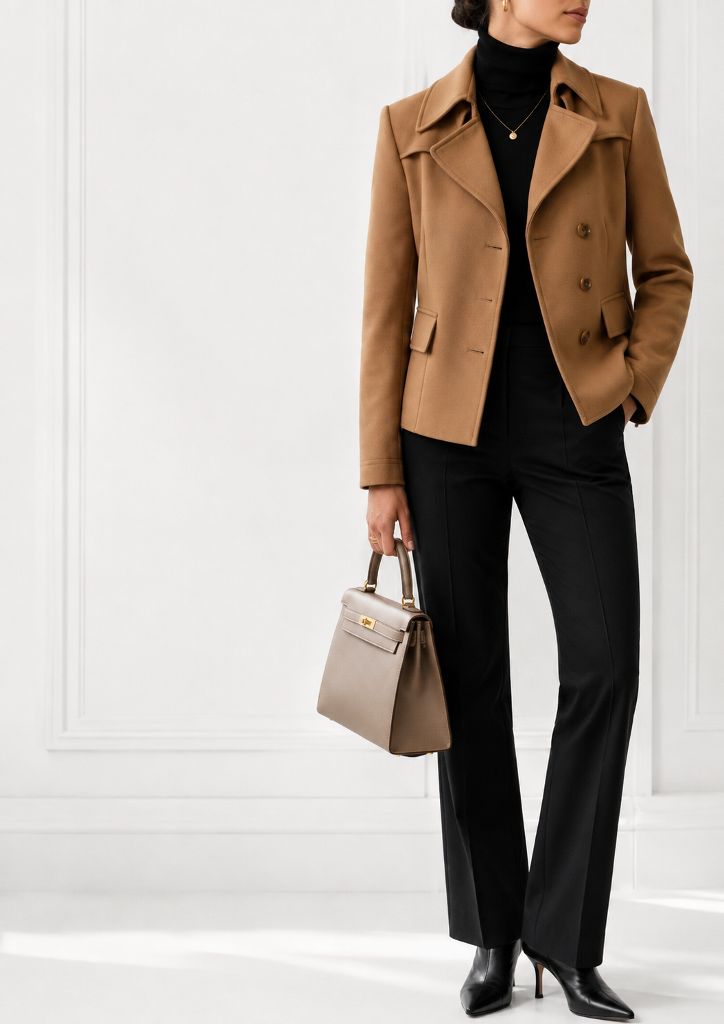 Camel Double-Breasted Wool Blazer | Women's Tailored Short Jacket