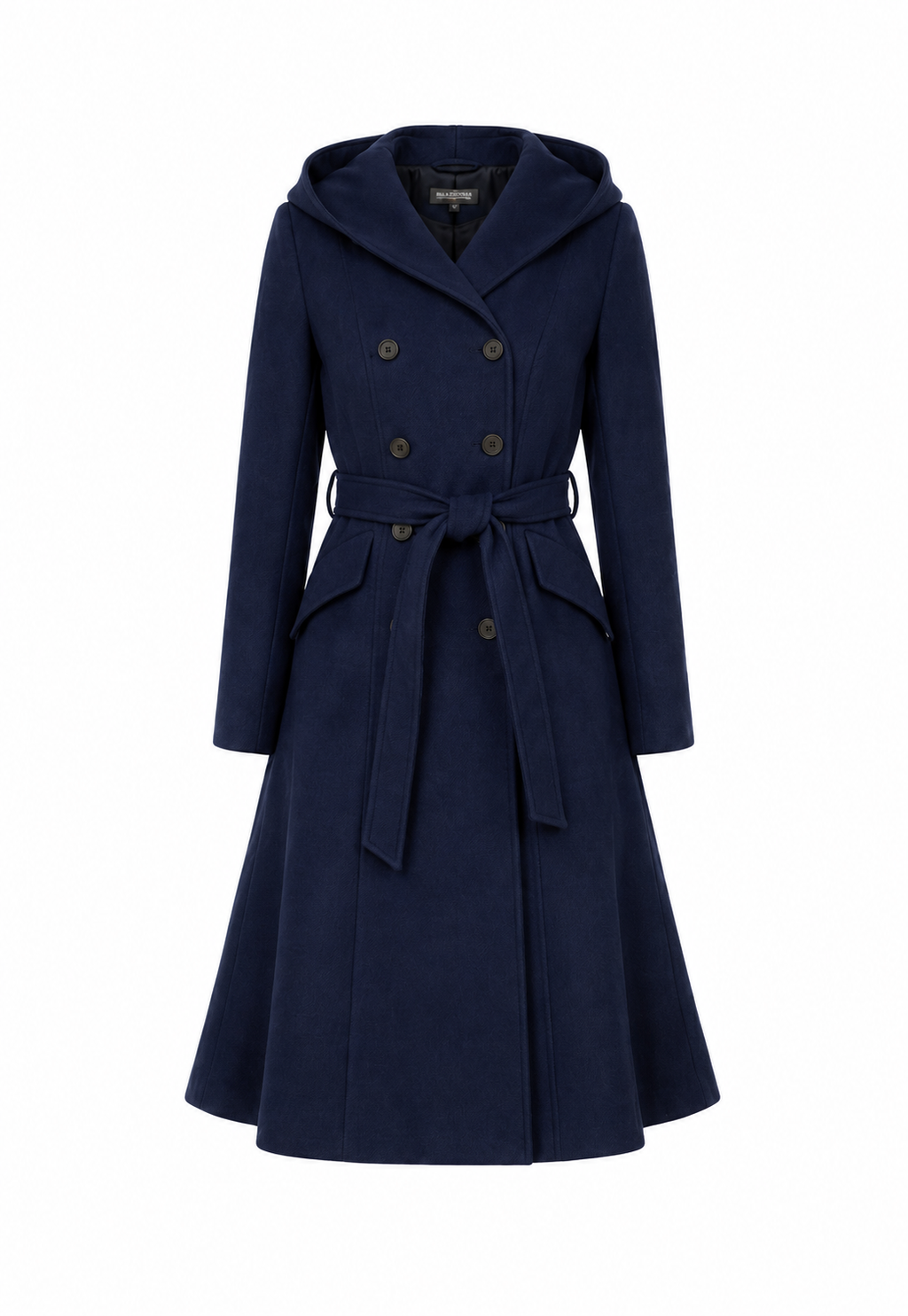 Midnight Navy Vintage Wool Coat – Hooded Double-Breasted A-Line Dress Coat