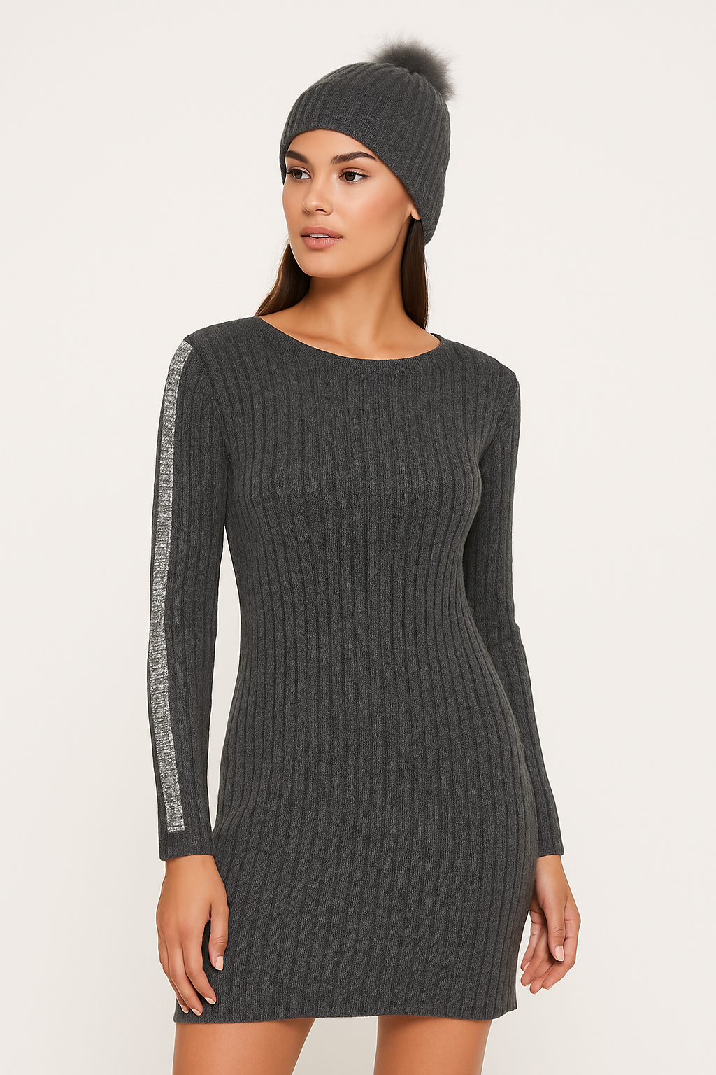 Women’s Ribbed Knit Sweater Dress with Sequin Sleeve Detail & Matching Pom-Pom Beanie Charcoal Grey