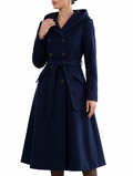 Midnight Navy Vintage Wool Coat – Hooded Double-Breasted A-Line Dress Coat