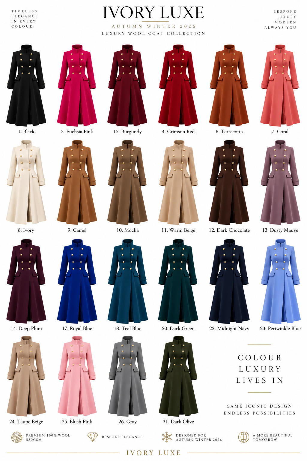 Ivory Luxe Military Maxi Wool Coat | Double-Breasted Long Coat