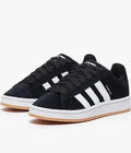 Black Adidas Campus Shoes with white 3-Stripes and gum sole in suede upper design