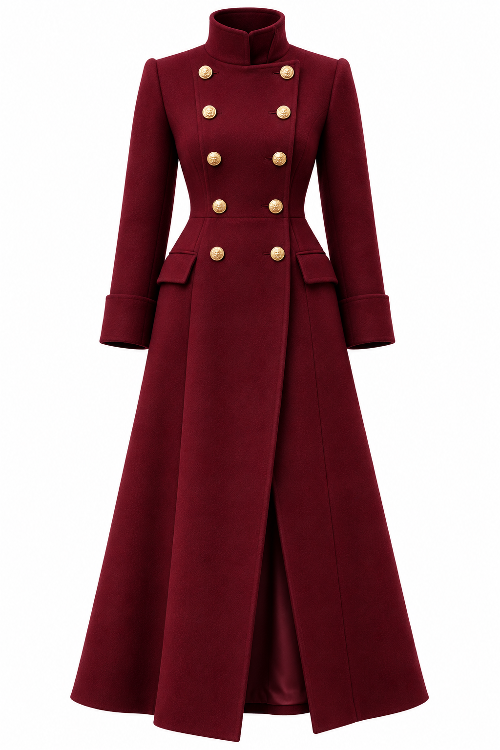 Ivory Luxe Military Maxi Wool Coat | Double-Breasted Long Coat
