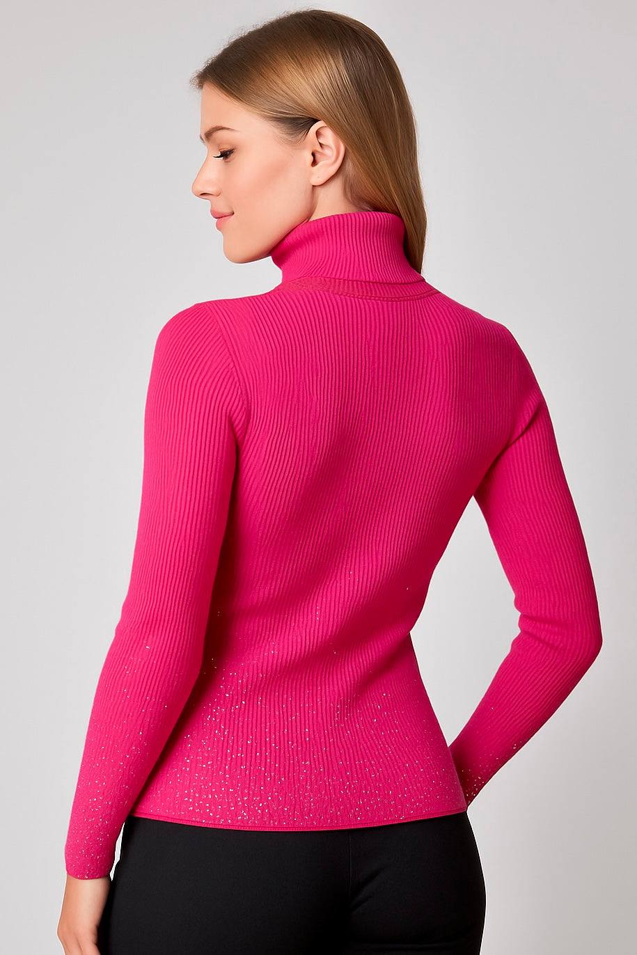 Carol Women’s Stud pink roll neck jumper with stud detailing on sleeves and lower half, styled on model from back view