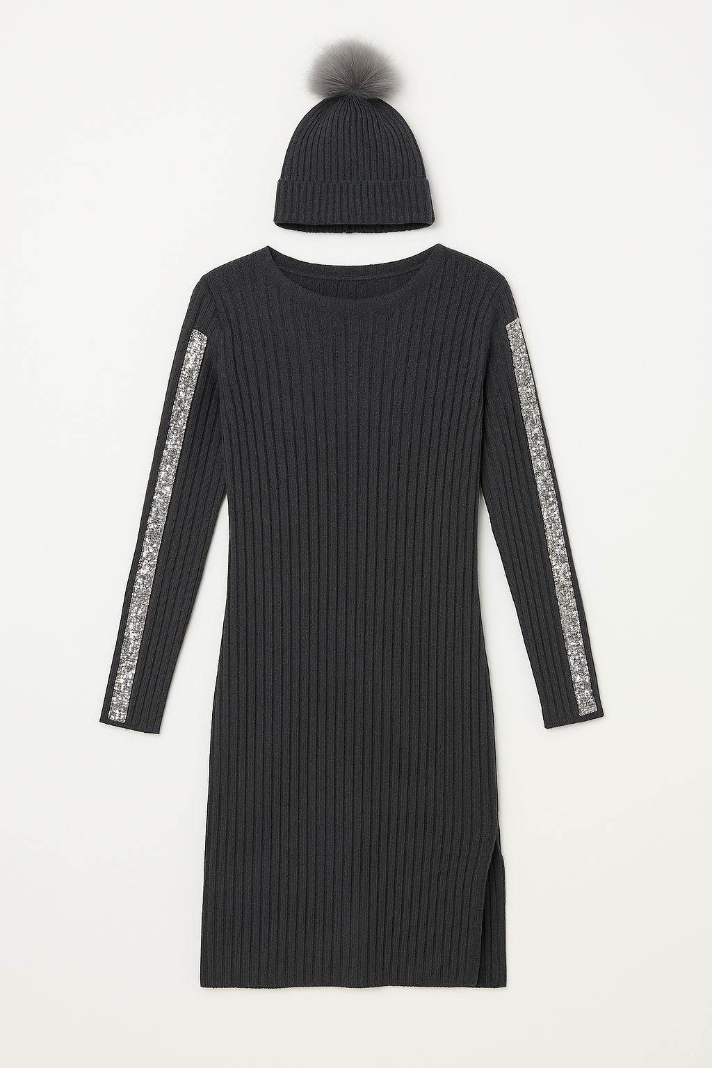 Women’s Ribbed Knit Sweater Dress with Sequin Sleeve Detail & Matching Pom-Pom Beanie Charcoal Grey