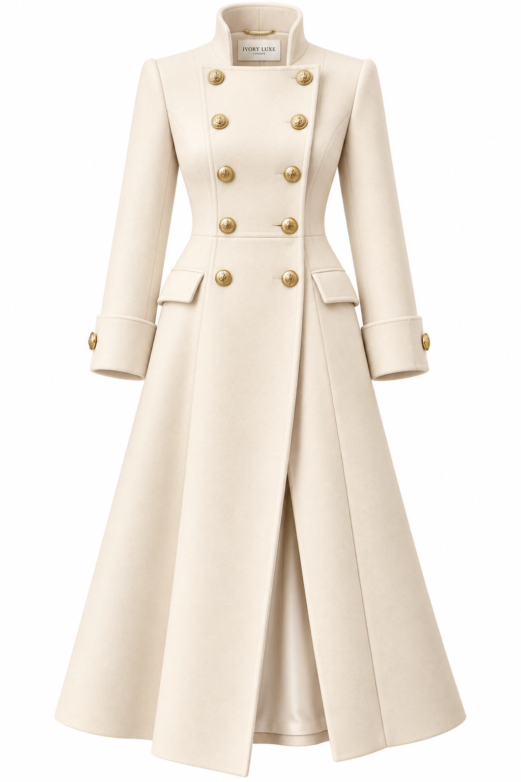 Ivory Luxe Military Maxi Wool Coat | Double-Breasted Long Coat