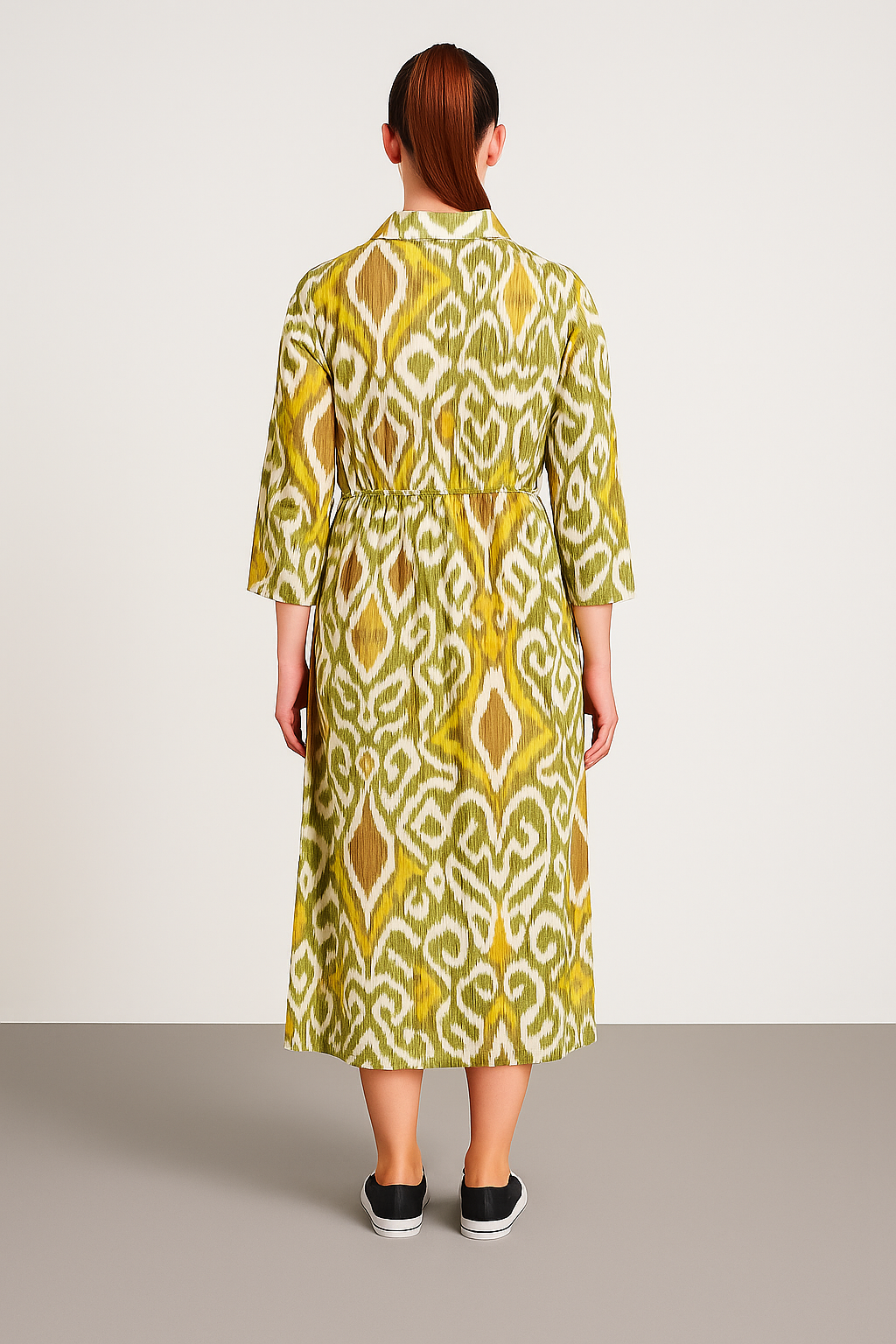 Back view of Italian Collar Button Maxi Dress in green and yellow patterned lightweight viscose fabric