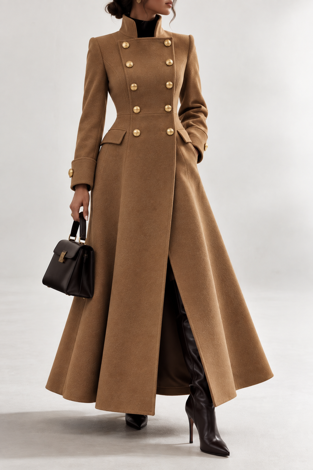 Ivory Luxe Military Maxi Wool Coat | Double-Breasted Long Coat