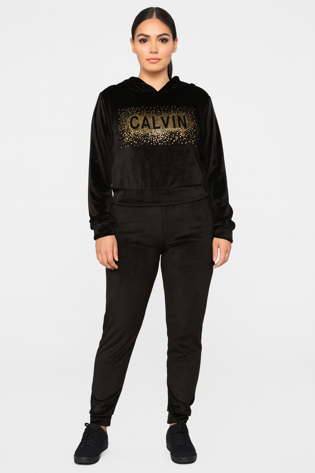 Black women's Velour tracksuit set with sequins