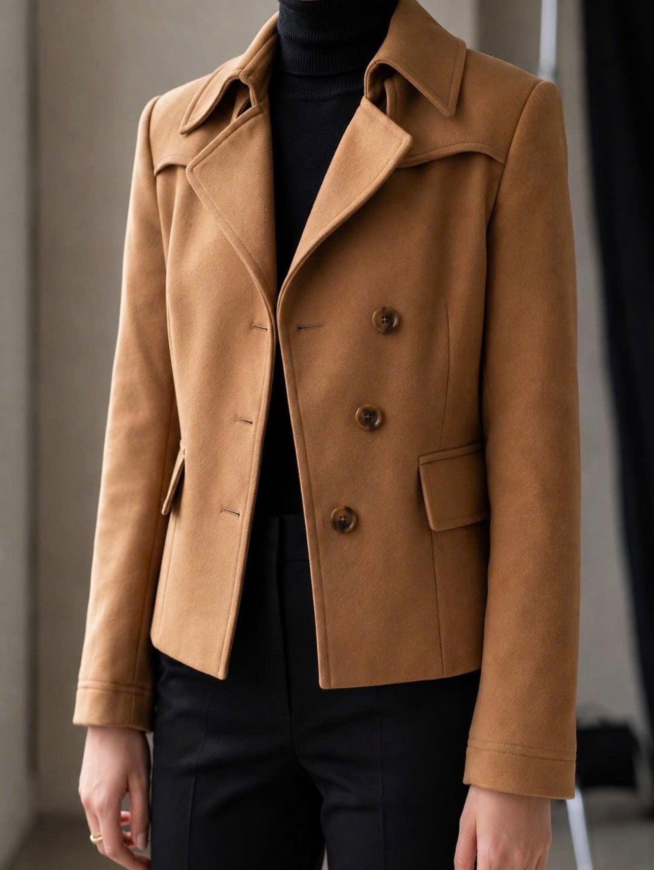 Camel Double-Breasted Wool Blazer | Women's Tailored Short Jacket