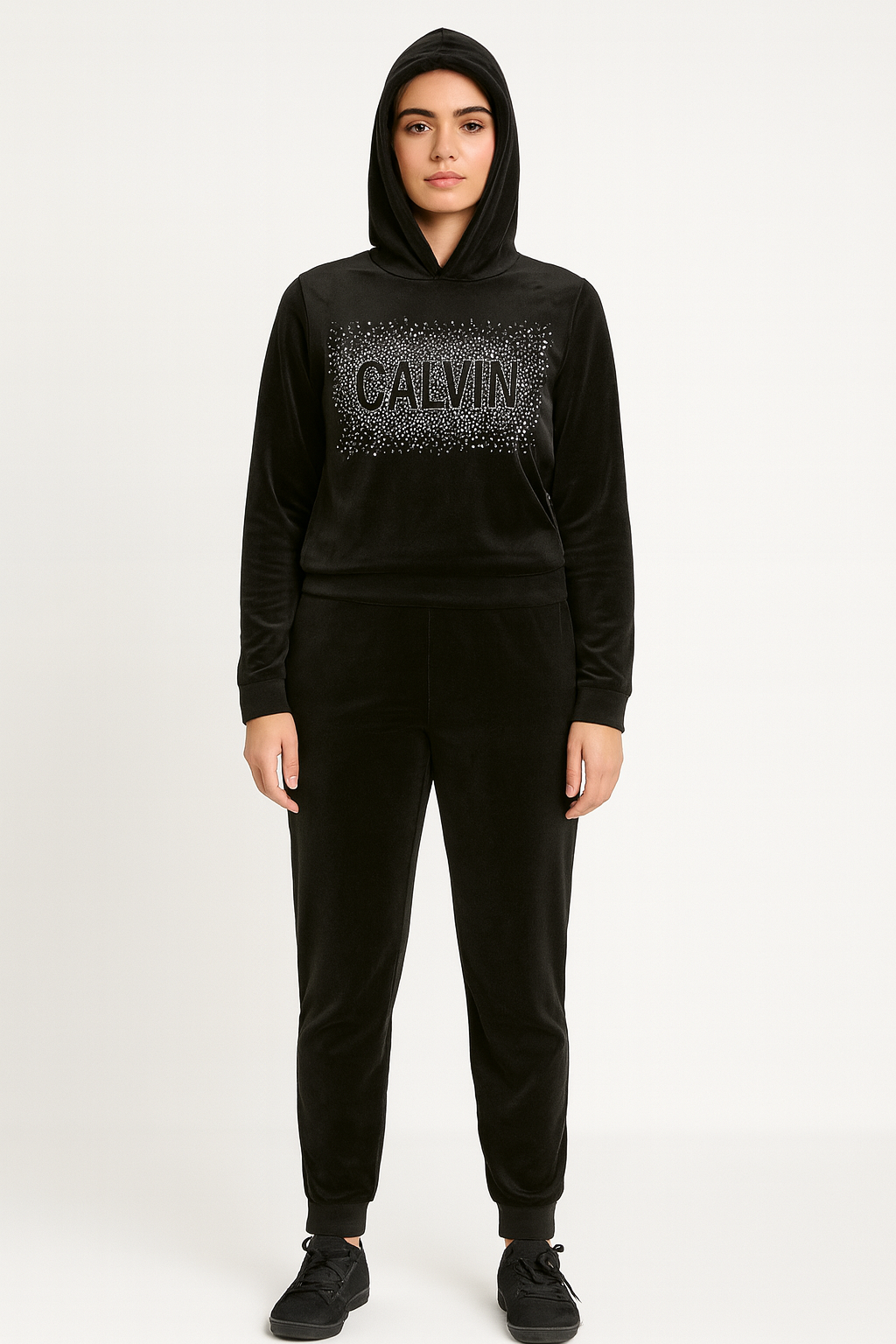 Black women's Velour tracksuit set with sequins