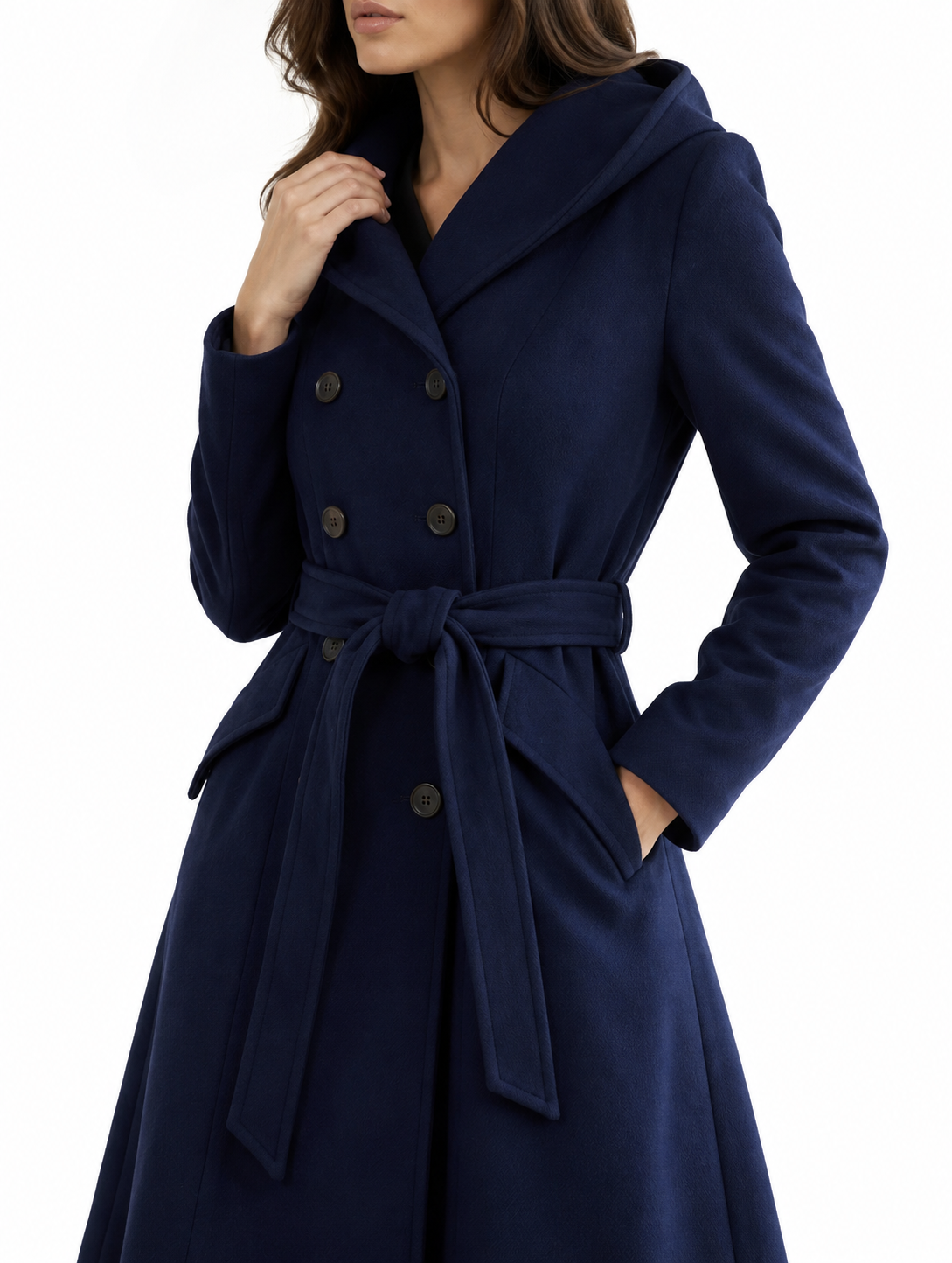 Midnight Navy Vintage Wool Coat – Hooded Double-Breasted A-Line Dress Coat