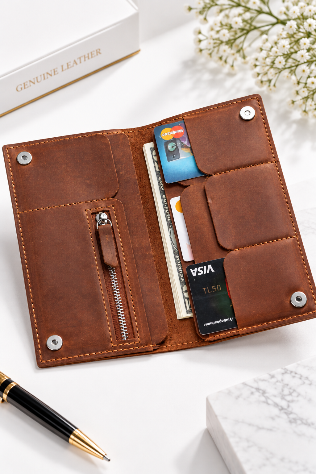 Handmade Full Grain Leather Women's Long Wallet with Zipper