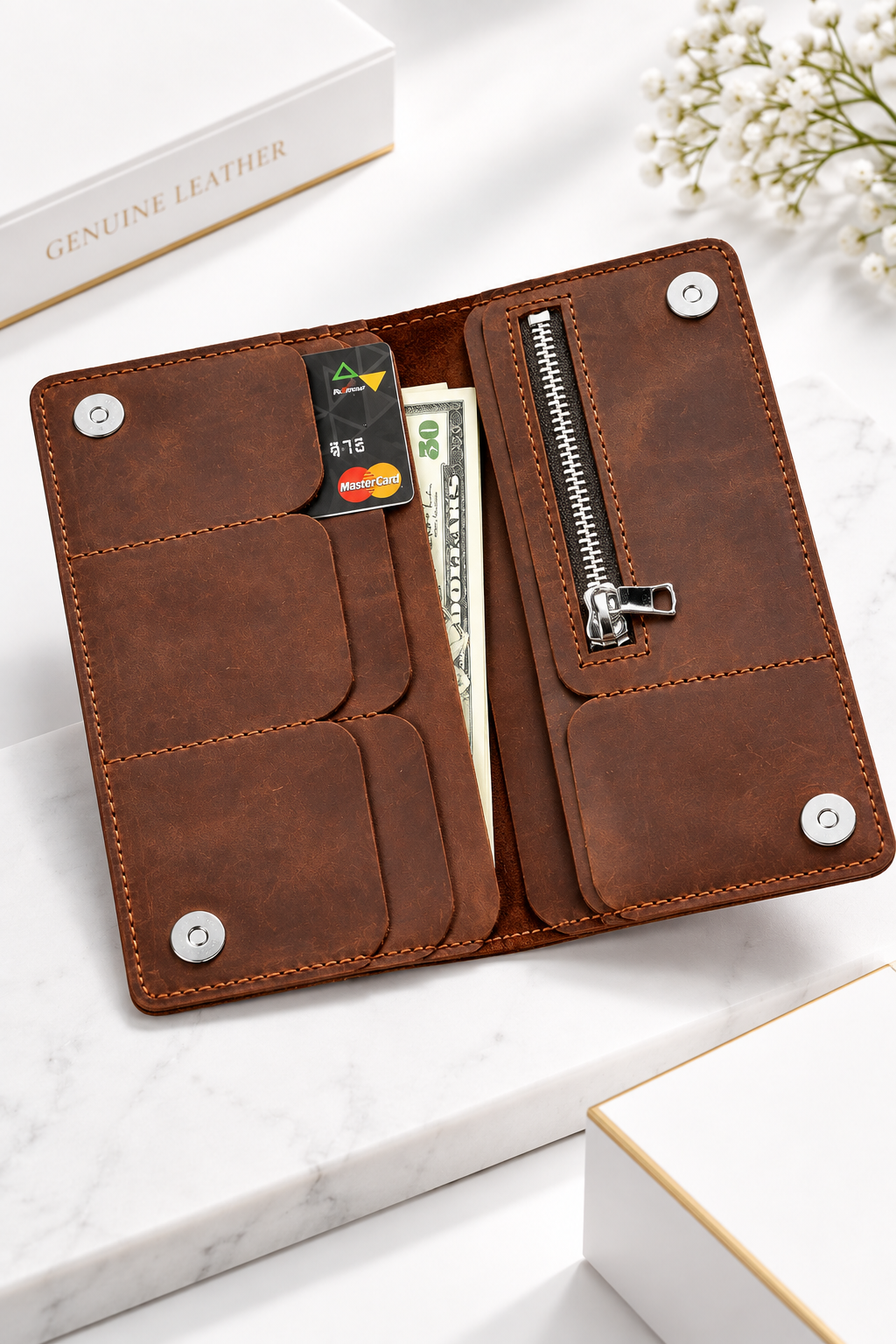 Handmade Full Grain Leather Women's Long Wallet with Zipper