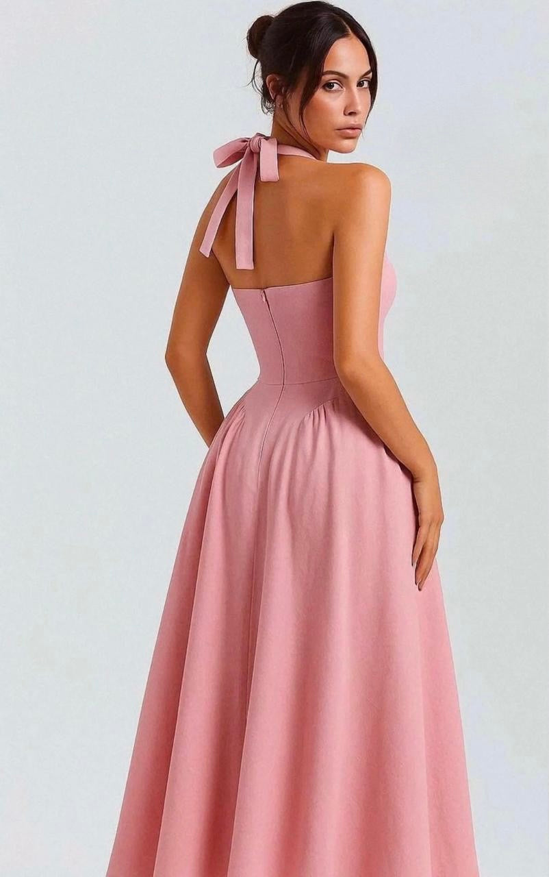 Rosé Halter Midi Dress – Deep V Halterneck A-Line Dress with Bow Tie Back & Pockets