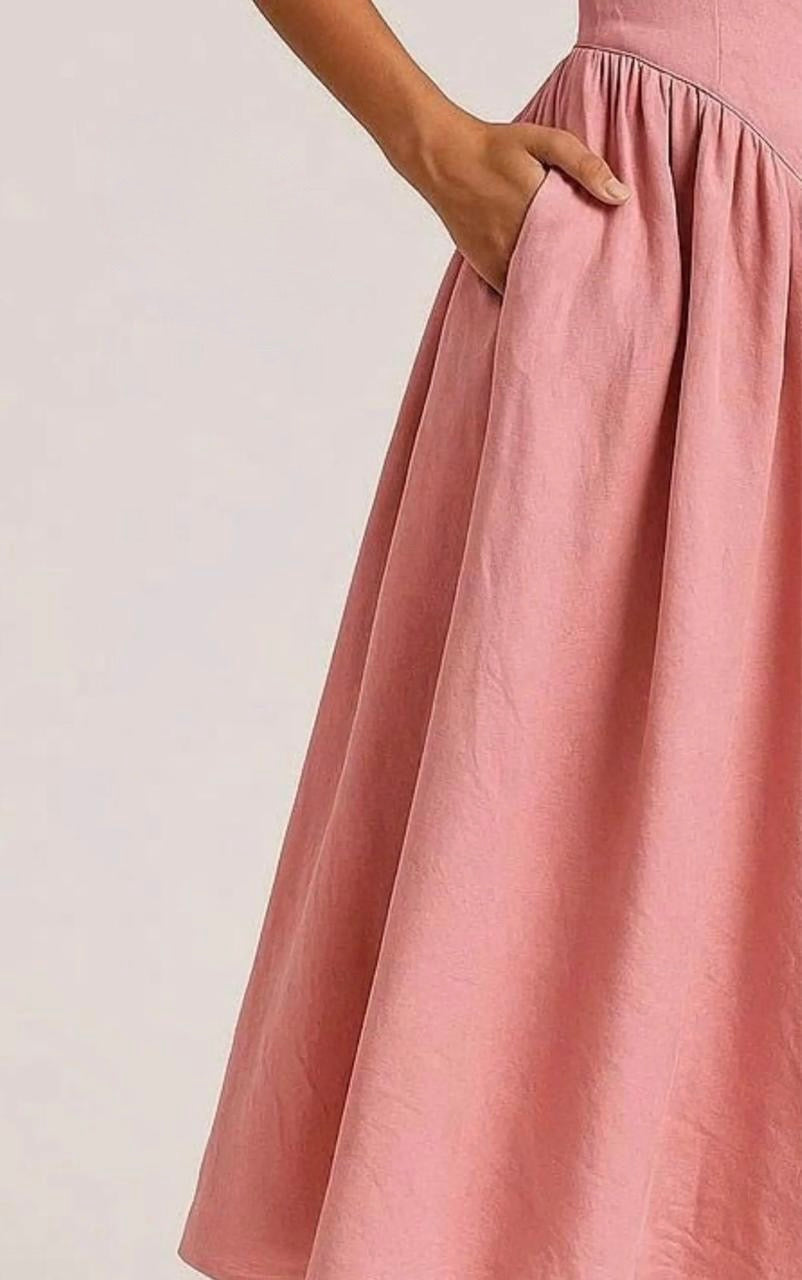 Rosé Halter Midi Dress – Deep V Halterneck A-Line Dress with Bow Tie Back & Pockets