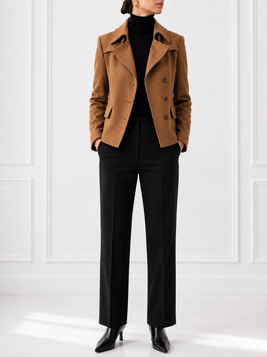 Camel Double-Breasted Wool Blazer | Women's Tailored Short Jacket