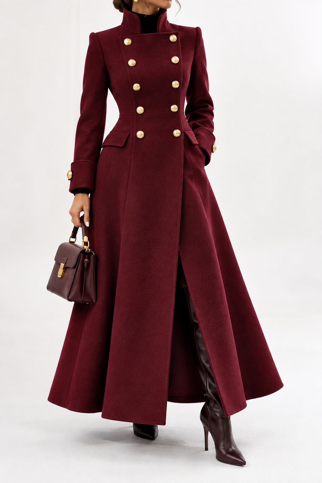 Ivory Luxe Military Maxi Wool Coat | Double-Breasted Long Coat
