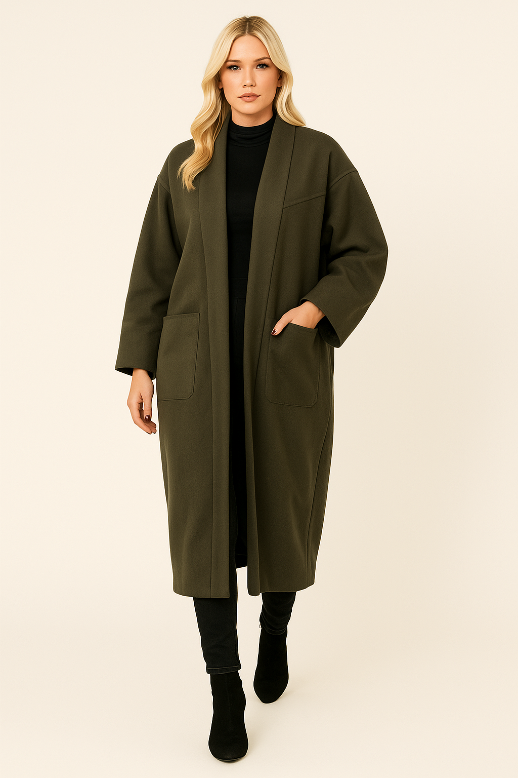 Woman wearing olive green Charlie Long Coat with deep side pockets over black outfit and ankle boots