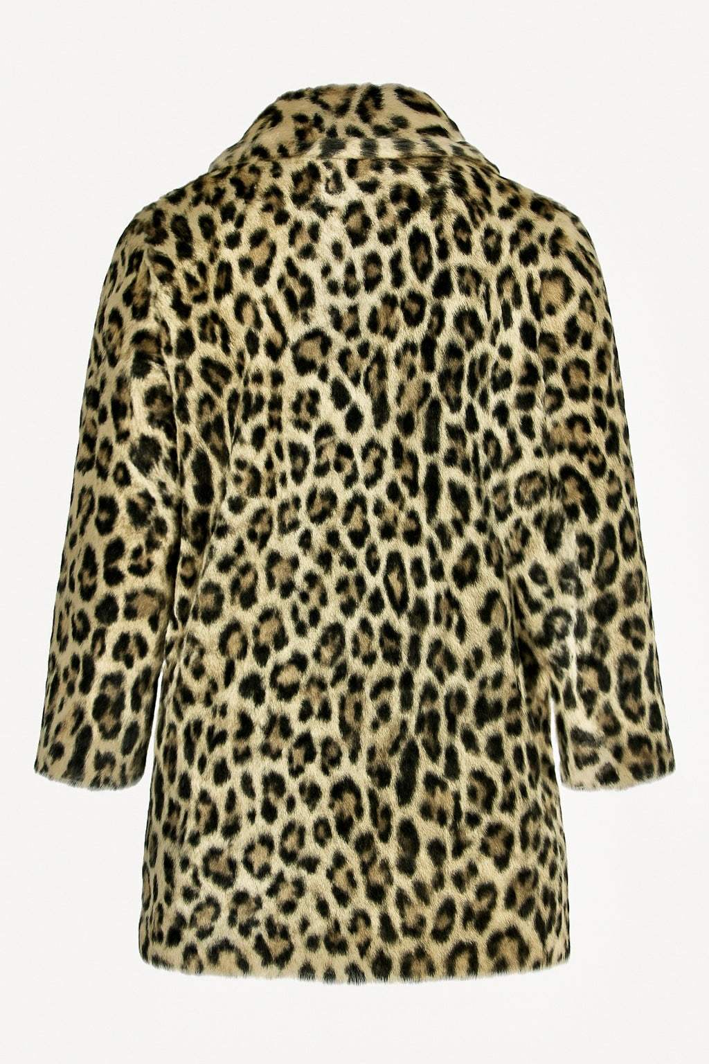 Back view of a faux fur leopard print jacket in soft plush fabric with long sleeves and a classic collar