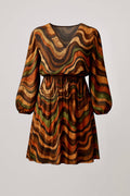 Marble pleated skirt mini dress with long sleeves and warm earthy marble print pattern