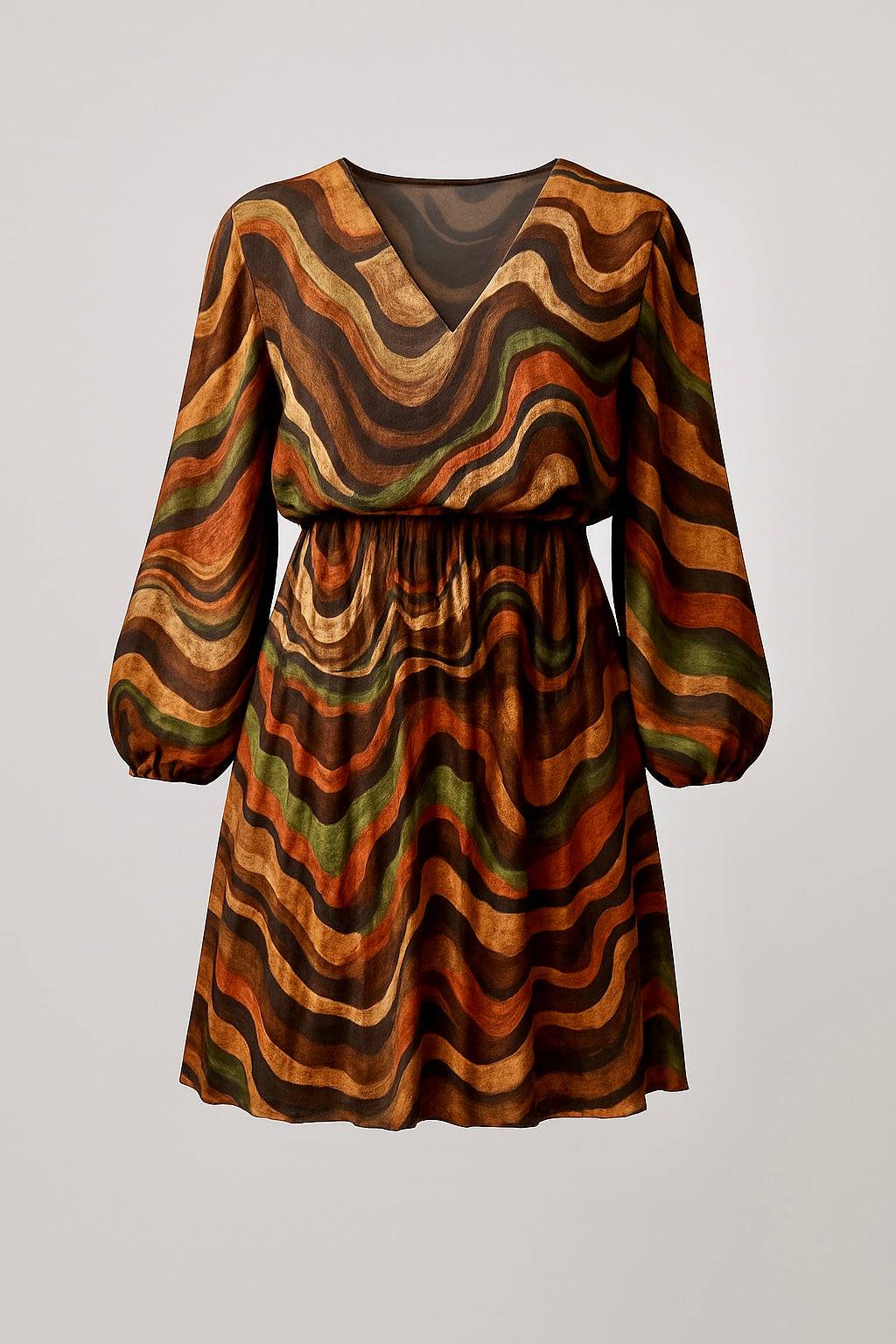 Marble pleated skirt mini dress with long sleeves and warm earthy marble print pattern