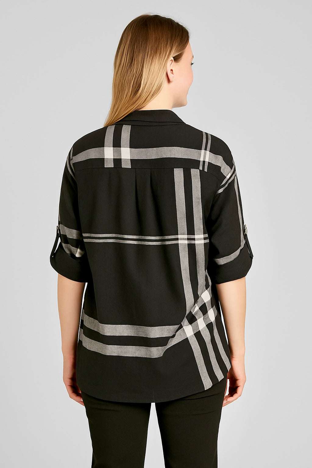 Ree 100% Cotton Shirt black and white plaid relaxed fit long sleeve shirt back view