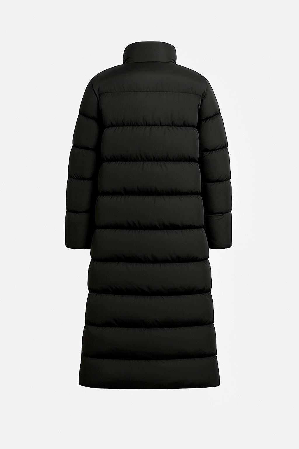 Black Carlie Longline Puffer Jacket with quilted design and insulated lightweight polyester material, back view